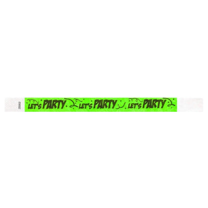 neon Green tyvek wristband with 'Let's Party' text in black - flat version shown