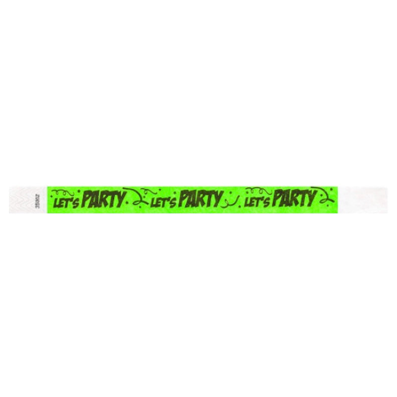 neon Green tyvek wristband with 'Let's Party' text in black - flat version shown