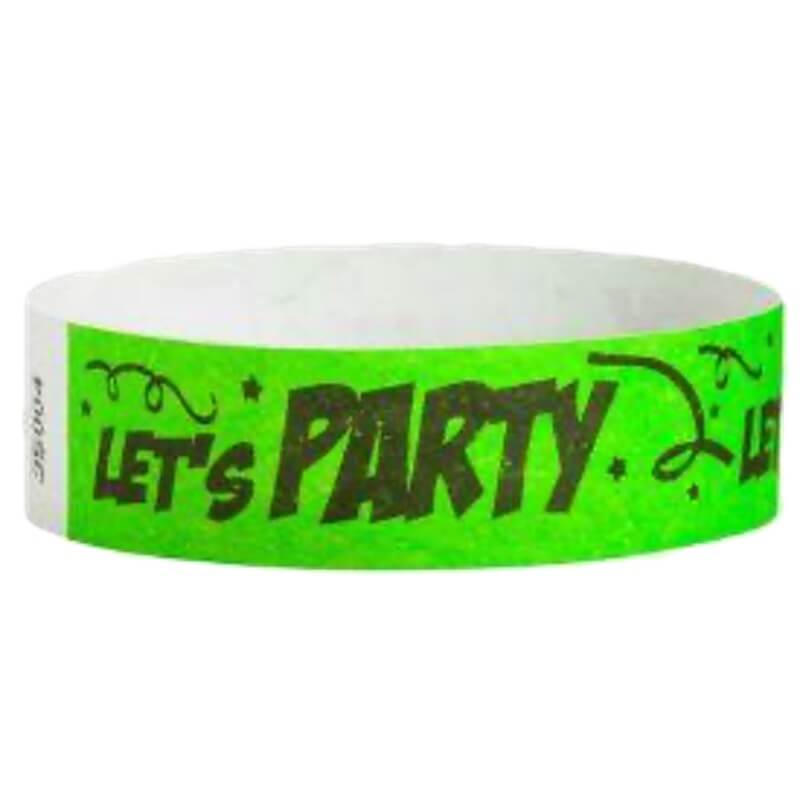 neon Green tyvek wristband with 'Let's Party' text in black - round version shown