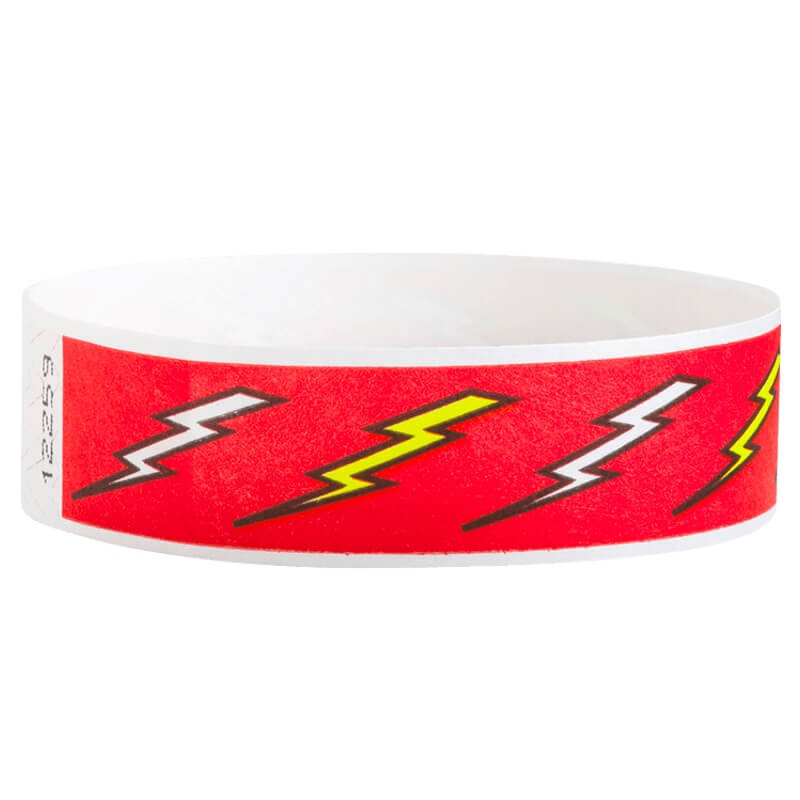 neon red tyvek wristband with white and neon yellow lightning pattern - round version shown