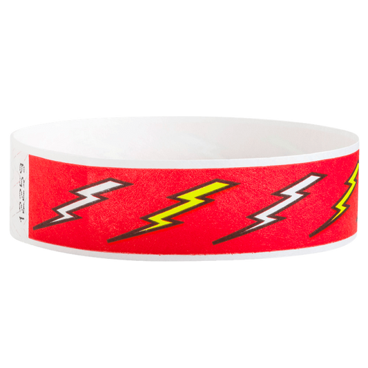 neon red tyvek wristband with white and neon yellow lightning pattern - round version shown