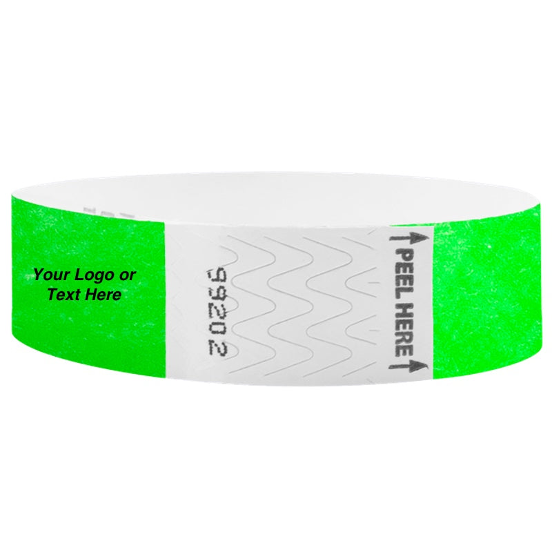 neon green litter free tyvek wristbands shown with the area to imprint your custom logo and or text