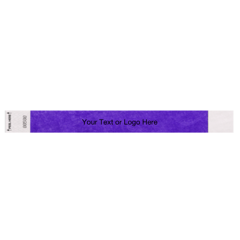 Tyvek 1" Litter free wristband in purple showing placeholder for your custom text or logo
