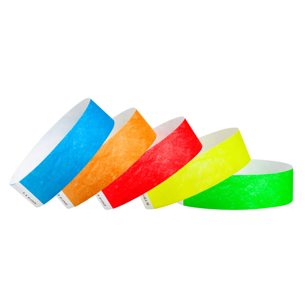 Five tyvek wristbands in different colors - neon blue, neon orange, neon red, neon yellow and neon green - shown in round 