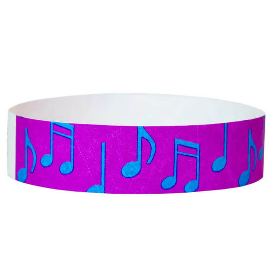 pantone purple tyvek wristband with neon blue music notes - round version shown