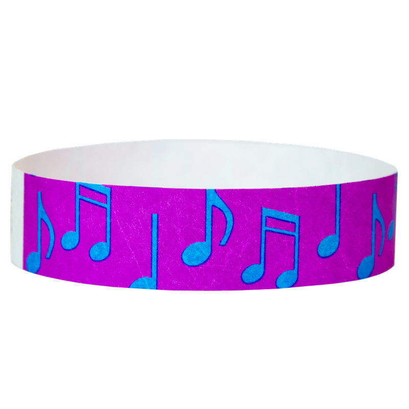 Purple wristband with blue musical notes 