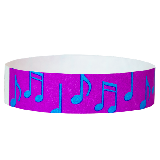 pantone purple tyvek wristband with neon blue music notes - round version shown
