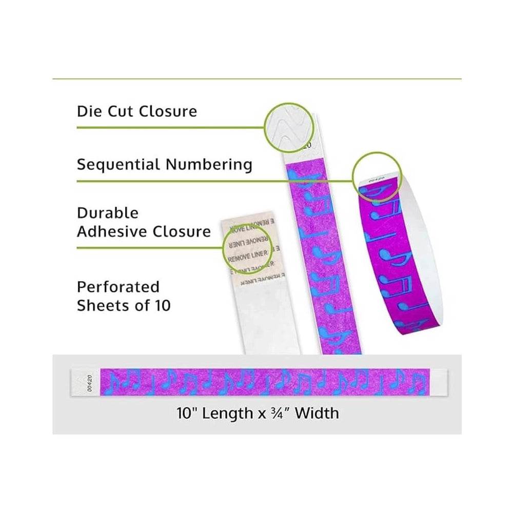 music notes  tyvek wristband detail product page showing the die cut adhesive closure, sequential numbering, perforated sheets of 10 and the dimensions.