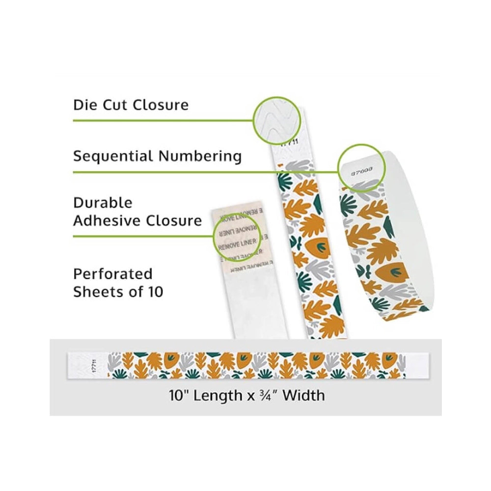 muted plants  tyvek wristband detail product page showing the die cut adhesive closure, sequential numbering, perforated sheets of 10 and the dimensions.