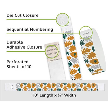 muted plants  tyvek wristband detail product page showing the die cut adhesive closure, sequential numbering, perforated sheets of 10 and the dimensions.