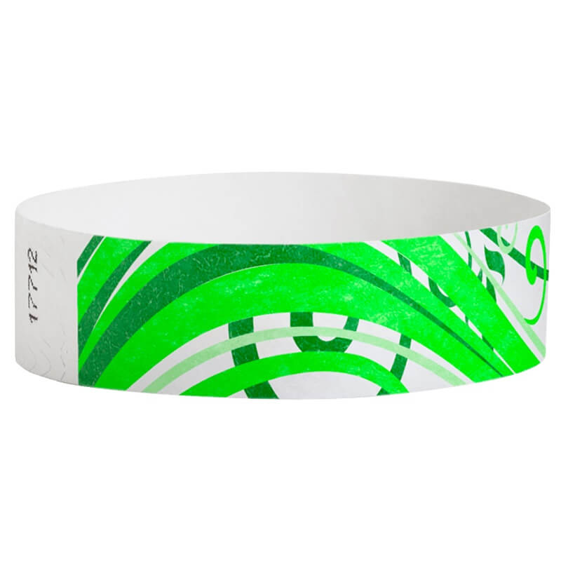 White tyvek wristband with kelly green neon green pattern - round version shown