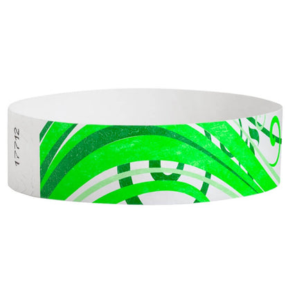 White tyvek wristband with kelly green neon green pattern - round version shown