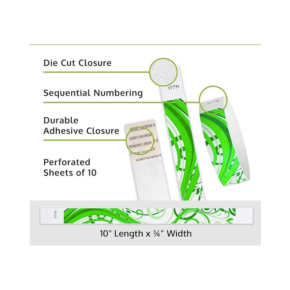nature  tyvek wristband detail product page showing the die cut adhesive closure, sequential numbering, perforated sheets of 10 and the dimensions.