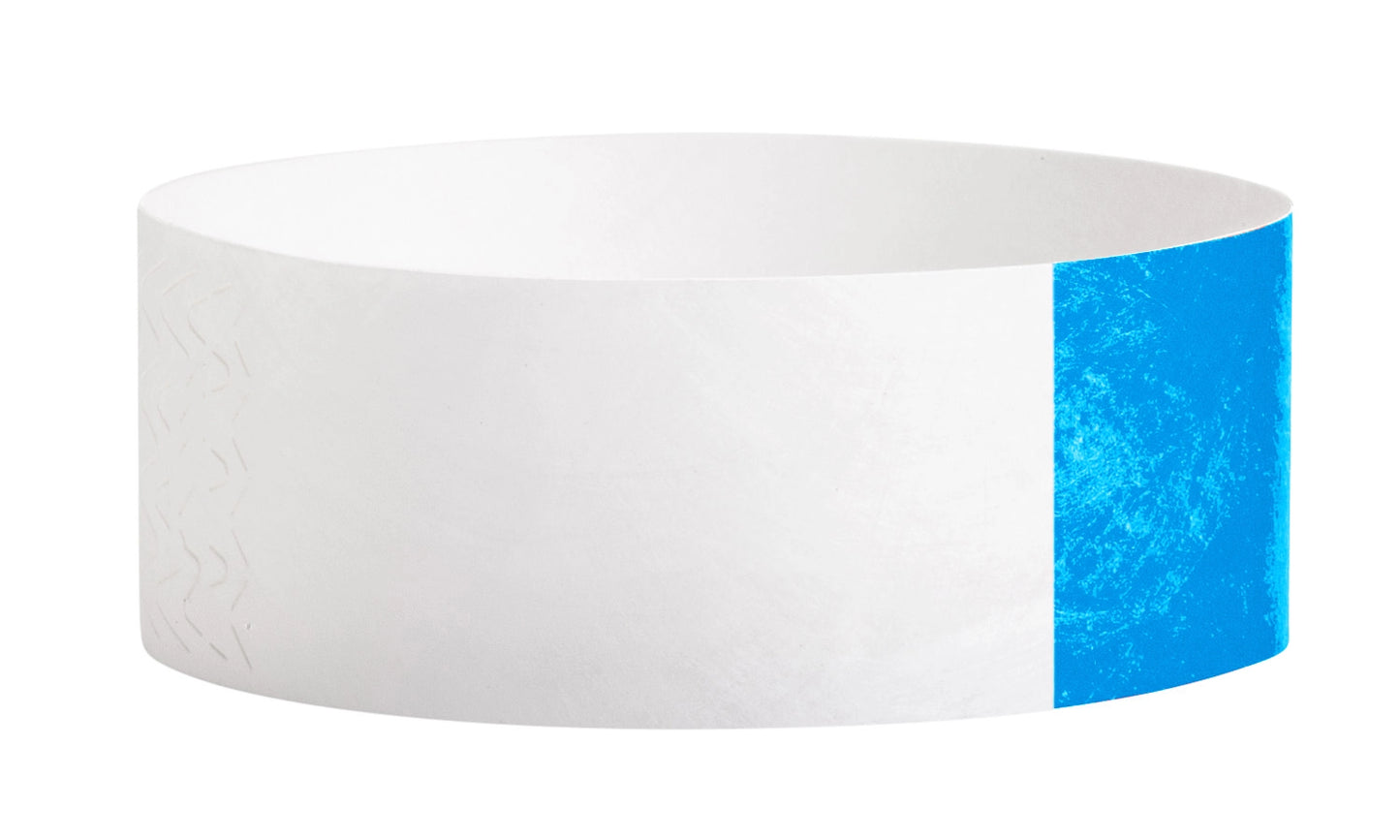 tyvek 1" half flood wristbands shown in neon blue