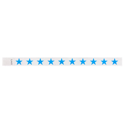 white tyvek wristbands with neon blue stars repeated