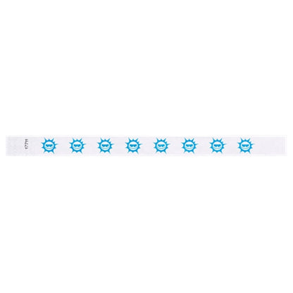 white tyvek wristband with neon blue sun pattern repeated