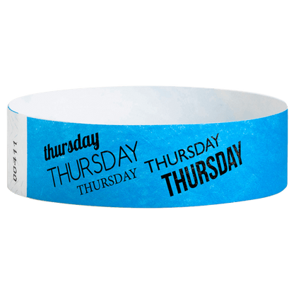 neon blue tyvek wristband with thursday  text in black ink - round version shown