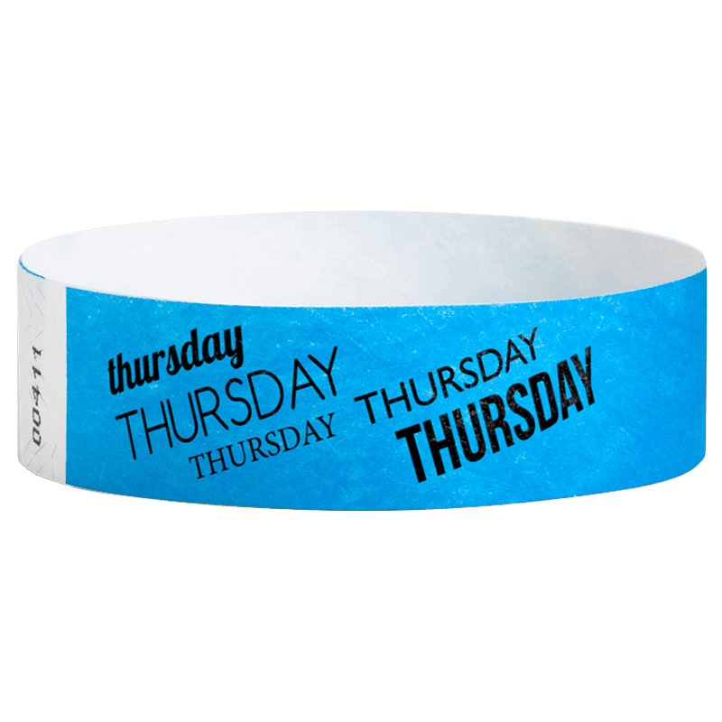 neon blue tyvek wristband with thursday  text in black ink - round version shown
