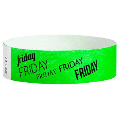 neon green tyvek wristband with friday  text in black ink - round version shown