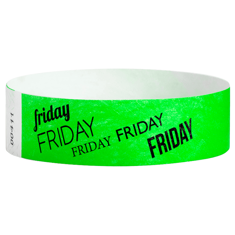 neon green tyvek wristband with friday  text in black ink - round version shown