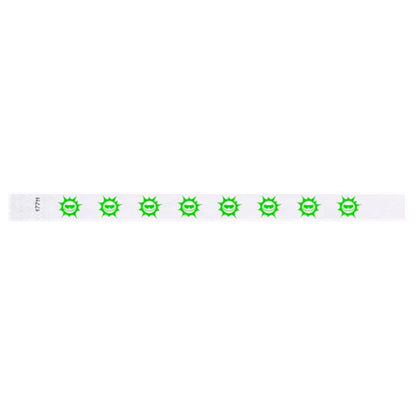 white tyvek wristband with neon green sun pattern repeated