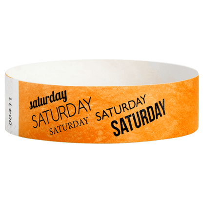 neon orange tyvek wristband with saturday  text in black ink - round version shown
