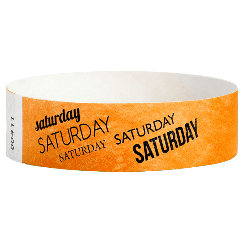 neon orange tyvek wristband with saturday  text in black ink - round version shown