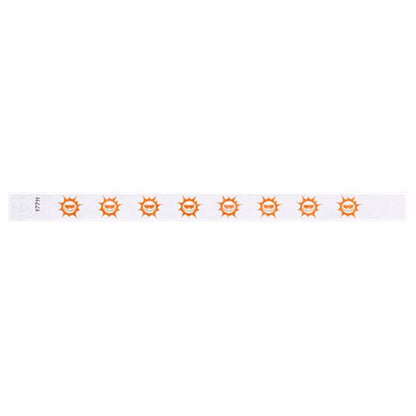 white tyvek wristband with neon orange sun pattern repeated