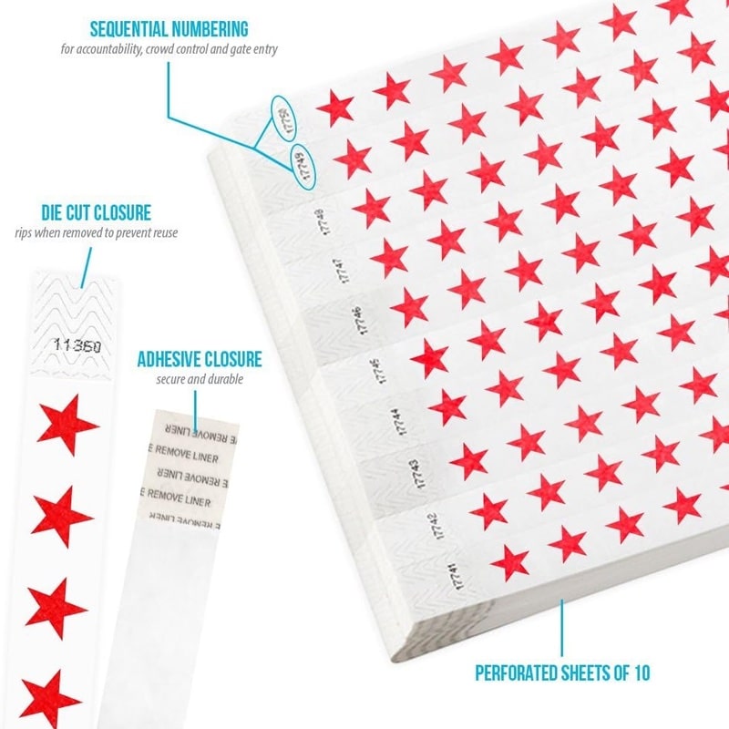 Sheets of tyvek wristbands with neon red stars and text indicating features like sequential numbering and die cut closure.