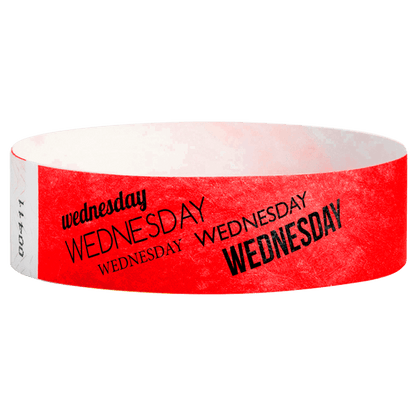 neon red tyvek wristband with wednesday text in black ink - round version shown