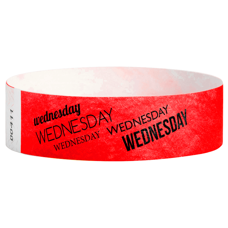 neon red tyvek wristband with wednesday text in black ink - round version shown