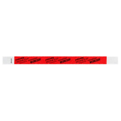 neon red tyvek wristband with wednesday  text in black ink repeated
