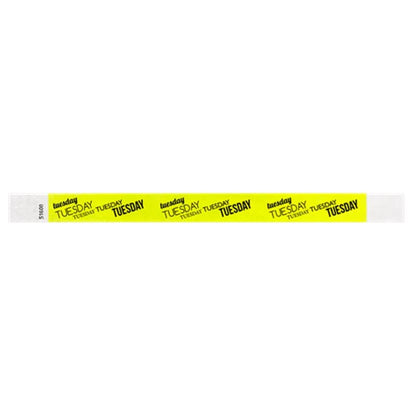 neon yellow tyvek wristband with tuesday text in black ink repeated