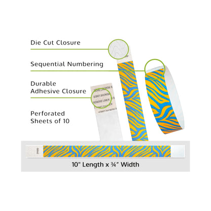 Product packaging for tyvek wristband with neon blue and neon orange zebra pattern, showing die cut closure, sequential numbering, durable adhesive closure, and perforated sheets of 10. Dimensions are 10" length x 3/4" width.