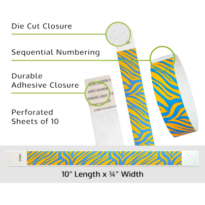 Product packaging for tyvek wristband with neon blue and neon orange zebra pattern, showing die cut closure, sequential numbering, durable adhesive closure, and perforated sheets of 10. Dimensions are 10" length x 3/4" width.
