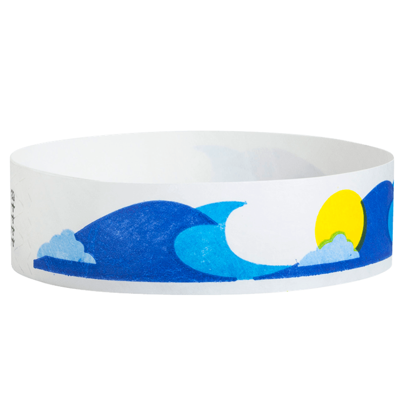 White wristband with blue wave and yellow sun design on a white background