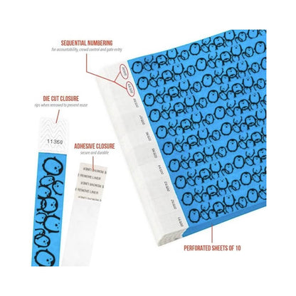 Product packaging with die cut closure, sequential numbering, durable adhesive closure, and perforated sheets of 10 on a white background shown in penguins neon blue