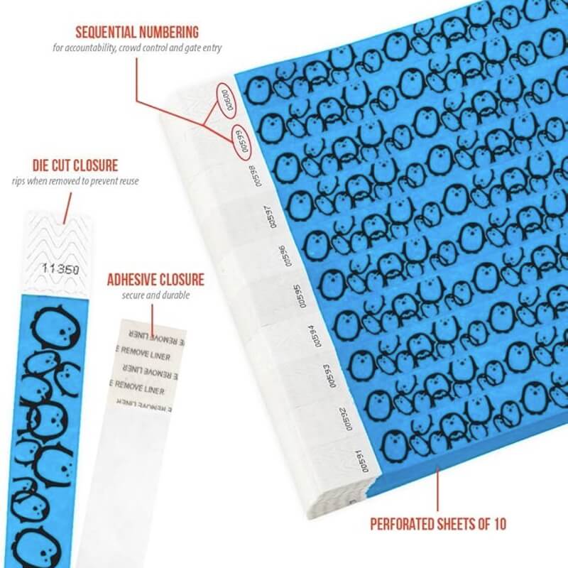 Product packaging with die cut closure, sequential numbering, durable adhesive closure, and perforated sheets of 10 on a white background shown in penguins neon blue