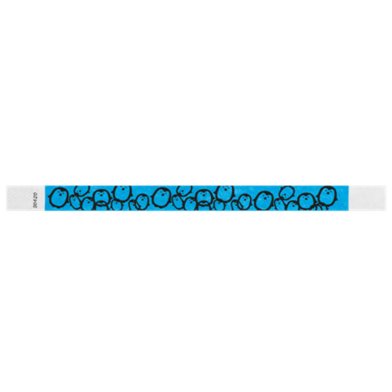 neon blue tyvek wristband with black penguin pattern