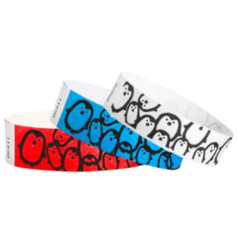 neon blue, white and neon red tyvek wristbands with black penguin imprint