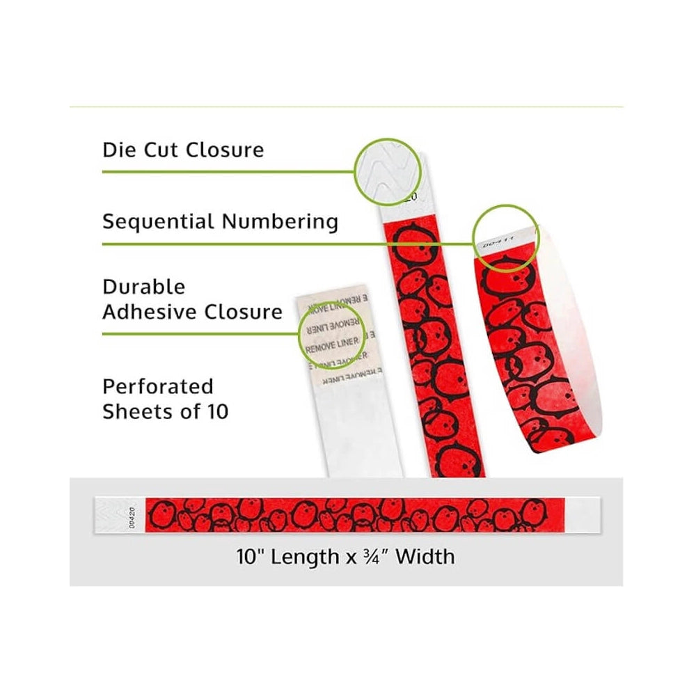 Product packaging with die cut closure, sequential numbering, durable adhesive closure, and perforated sheets of 10 on a white background shown in penguins neon red
