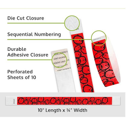 Product packaging with die cut closure, sequential numbering, durable adhesive closure, and perforated sheets of 10 on a white background shown in penguins neon red
