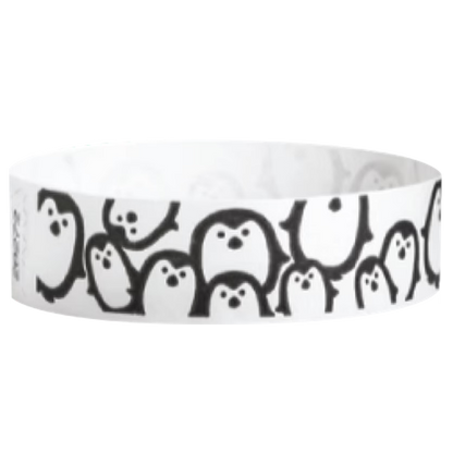 white Tyvek Wristband with black penguins - round version shown