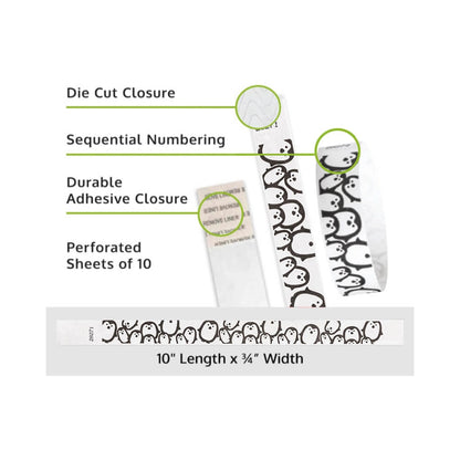 Product packaging with die cut closure, sequential numbering, durable adhesive closure, and perforated sheets of 10 on a white background shown in white & black penguin pattern