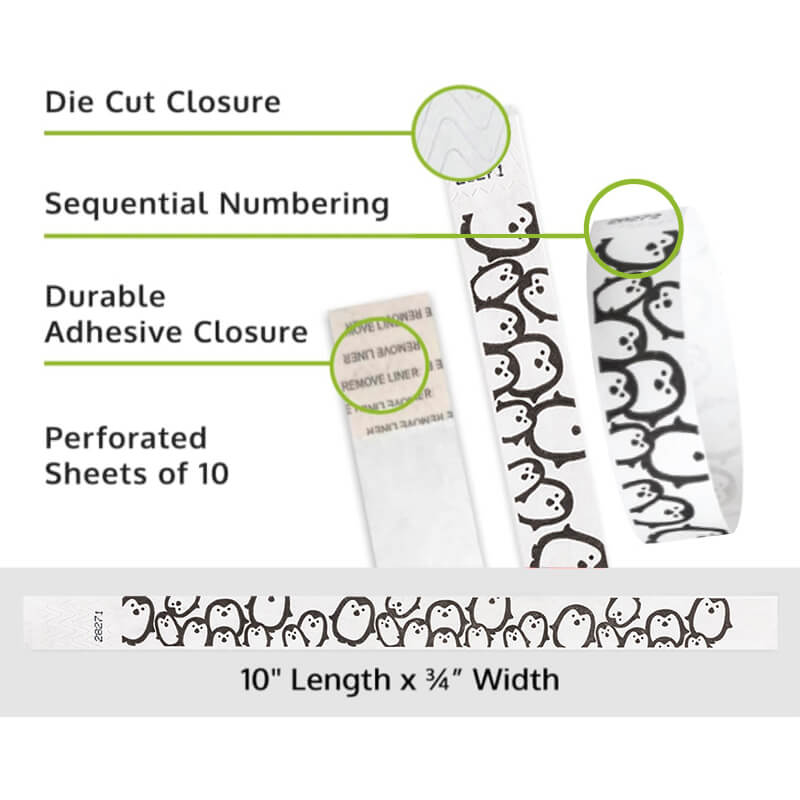 Product packaging with die cut closure, sequential numbering, durable adhesive closure, and perforated sheets of 10 on a white background shown in white & black penguin pattern