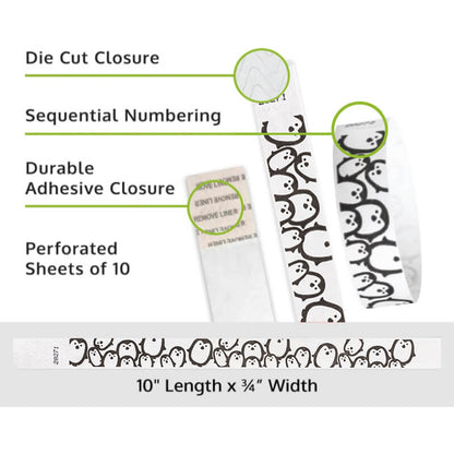 Product packaging with die cut closure, sequential numbering, durable adhesive closure, and perforated sheets of 10 on a white background shown in white & black penguin pattern