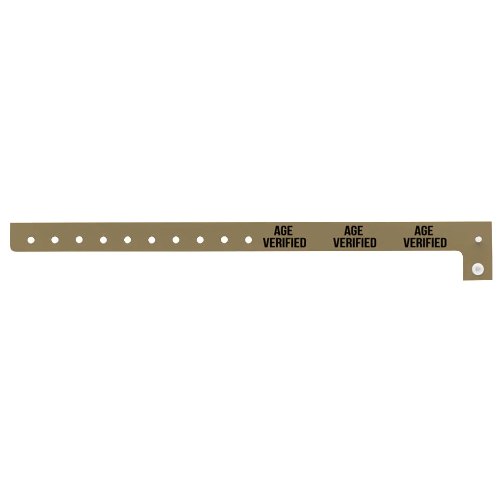 Age verified plastic wristband in gold with text "AGE VERIFIED" printed on the band in black - flat version shown 