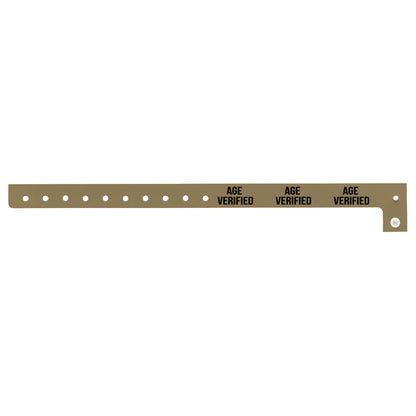 Age verified plastic wristband in gold with text "AGE VERIFIED" printed on the band in black - flat version shown 