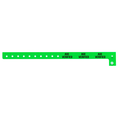 Age verified plastic wristband in green with text "AGE VERIFIED" printed on the band in black - flat version shown 