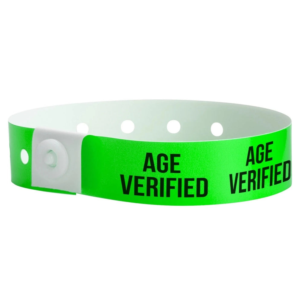 Age verified plastic wristband in green with text "AGE VERIFIED" printed on the band in black - round version shown 